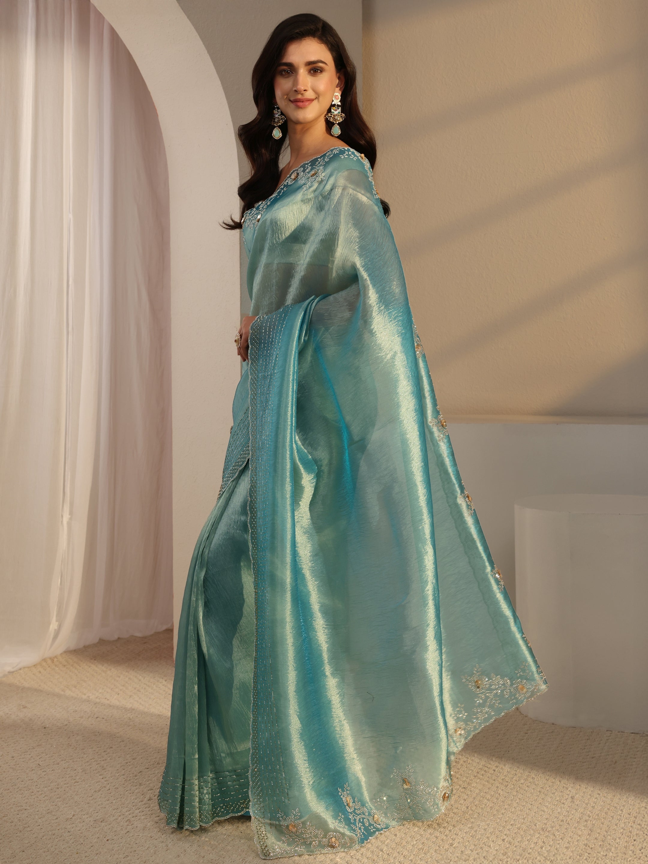 Blue Embellished Tissue Saree With Unstitched Blouse Piece