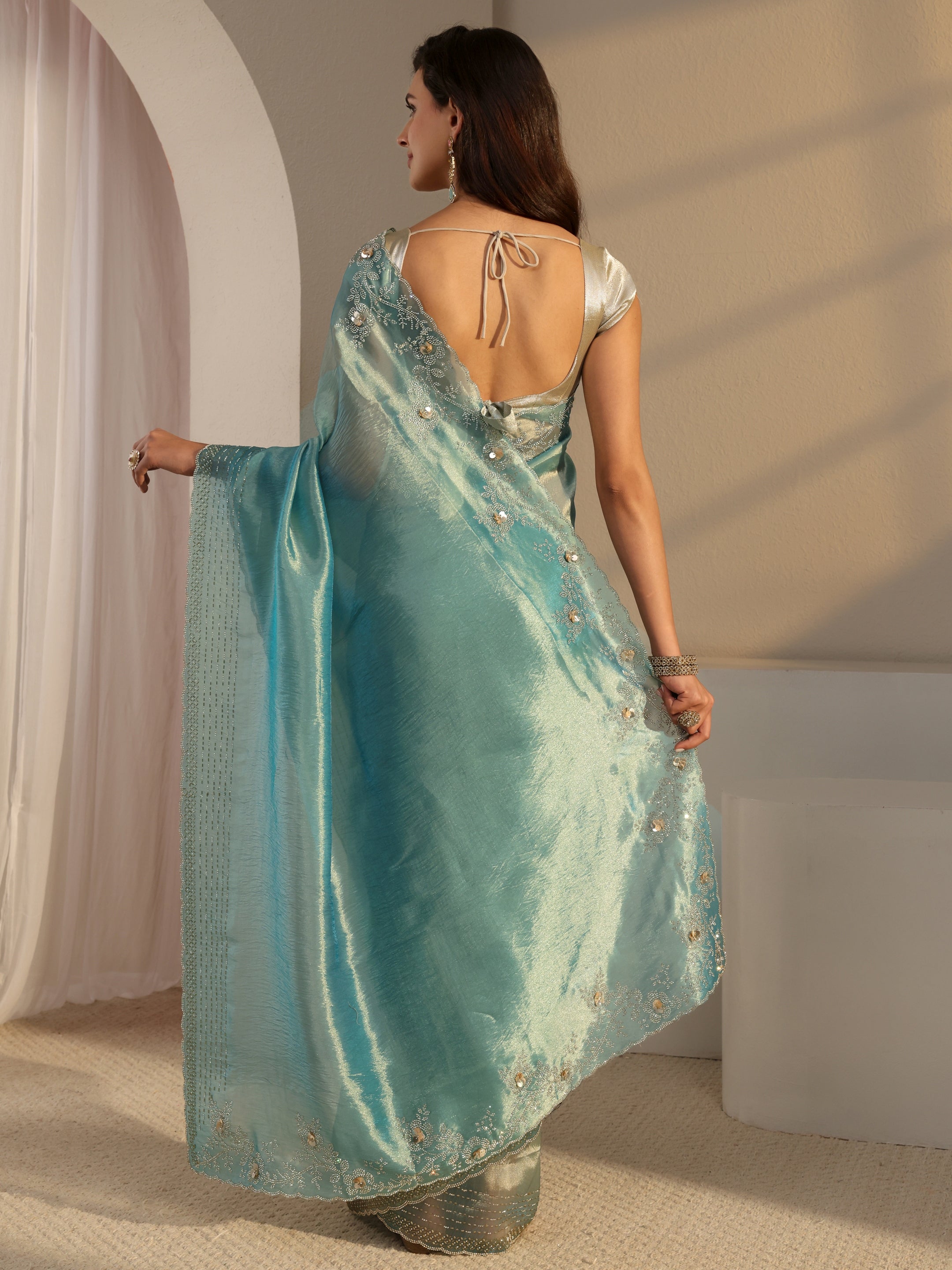 Blue Embellished Tissue Saree With Unstitched Blouse Piece