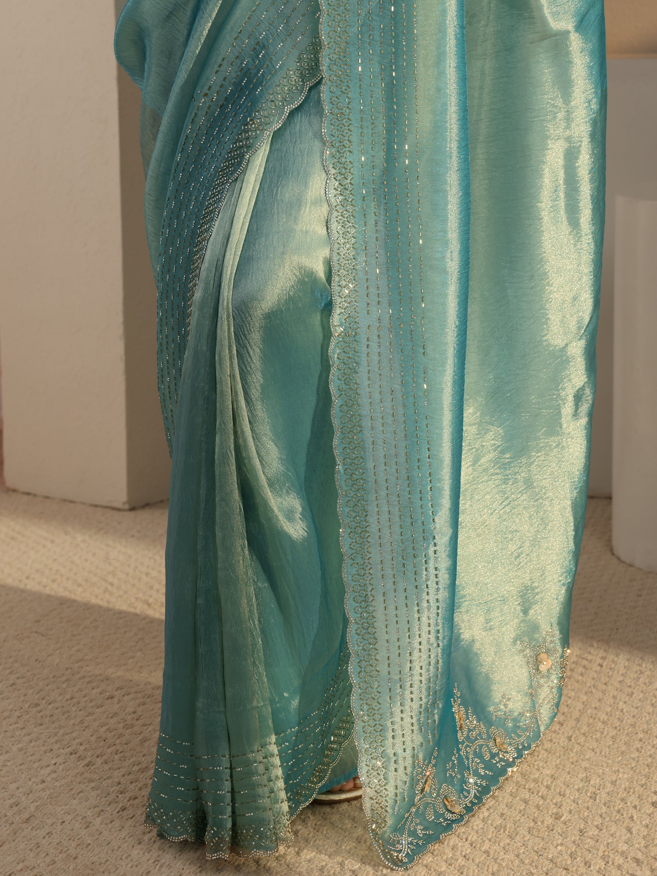 Blue Embellished Tissue Saree With Unstitched Blouse Piece