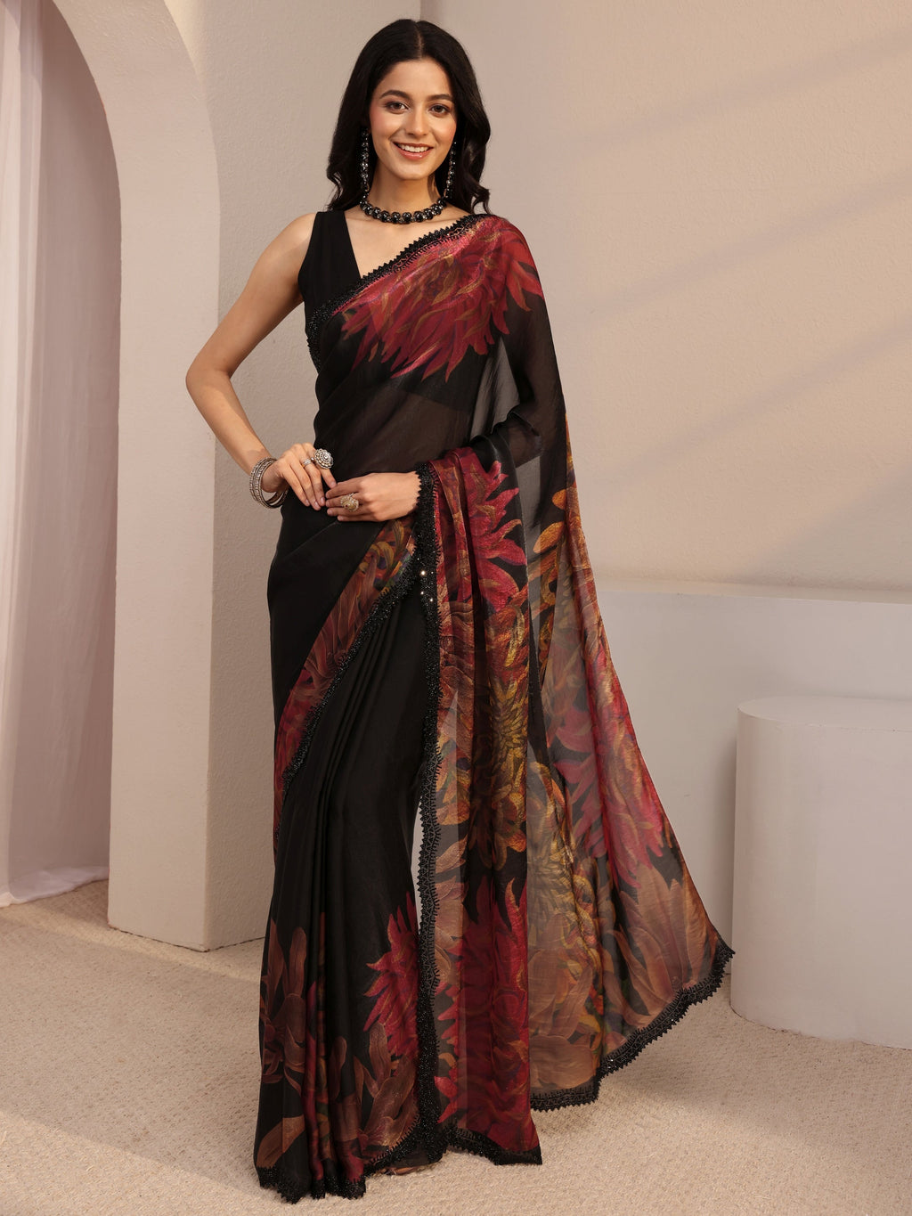 Black Floral Printed Organza Saree With Unstiched Blouse Piece