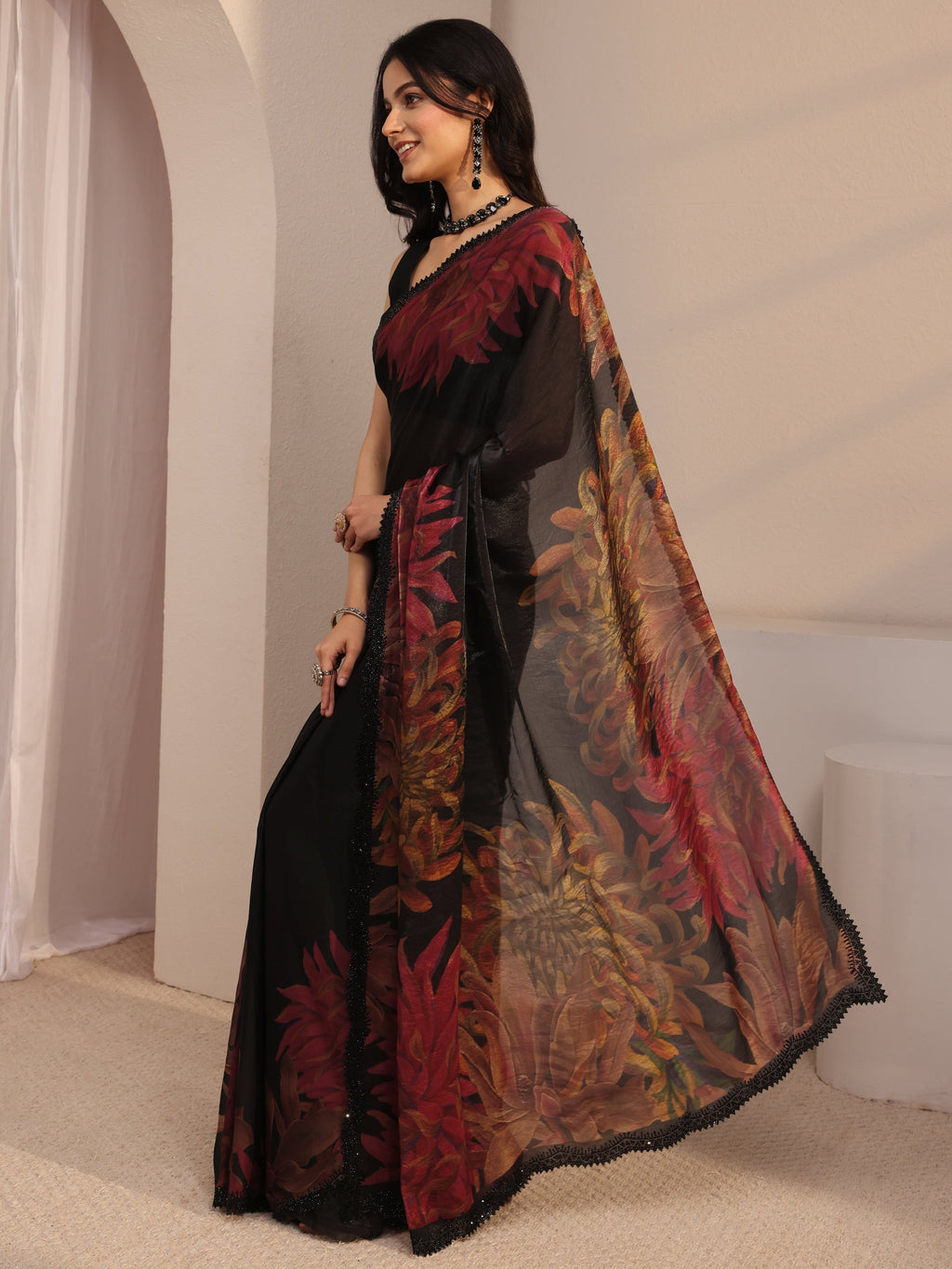 Black Floral Printed Organza Saree With Unstiched Blouse Piece