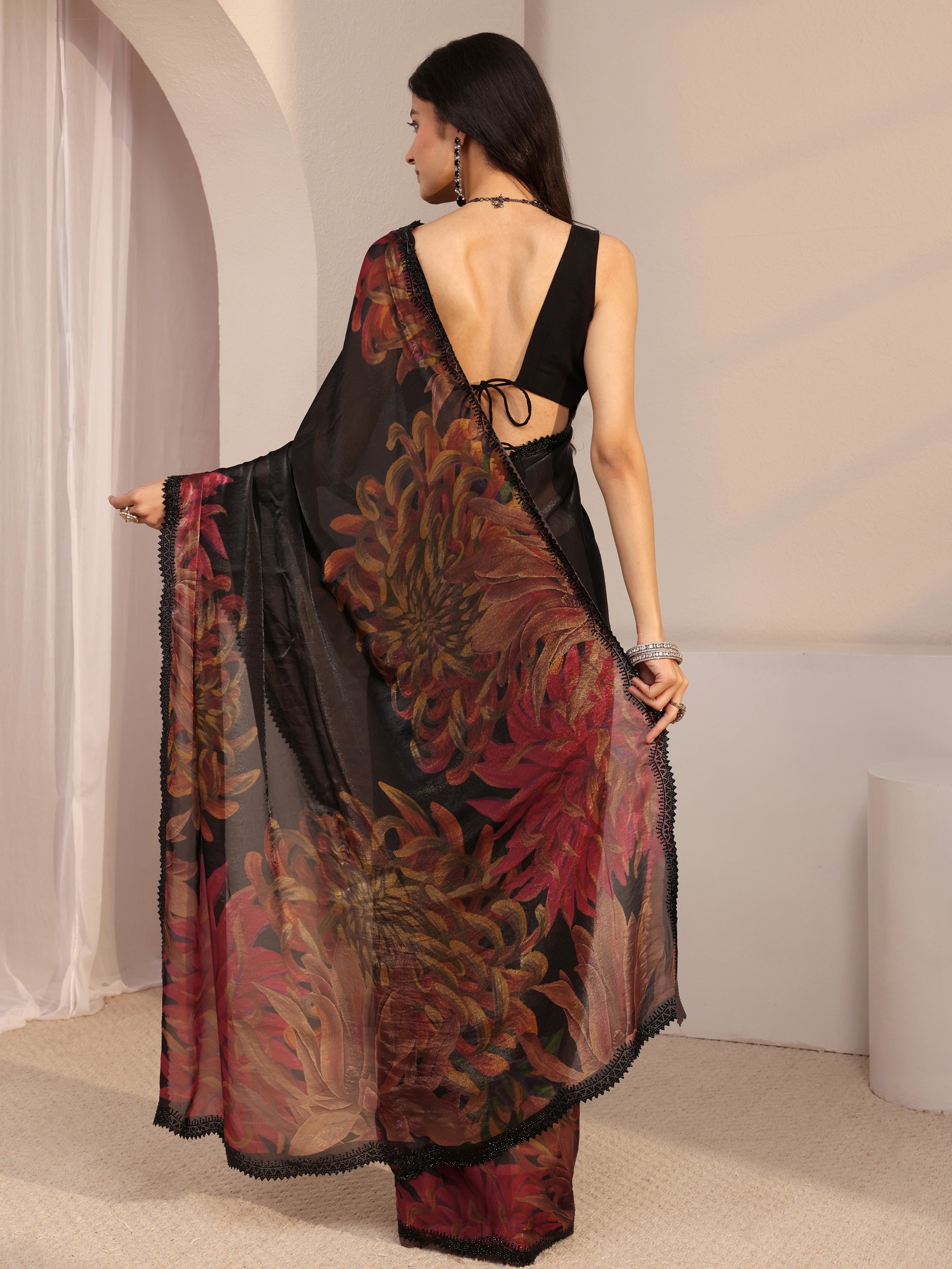 Black Floral Printed Organza Saree With Unstiched Blouse Piece