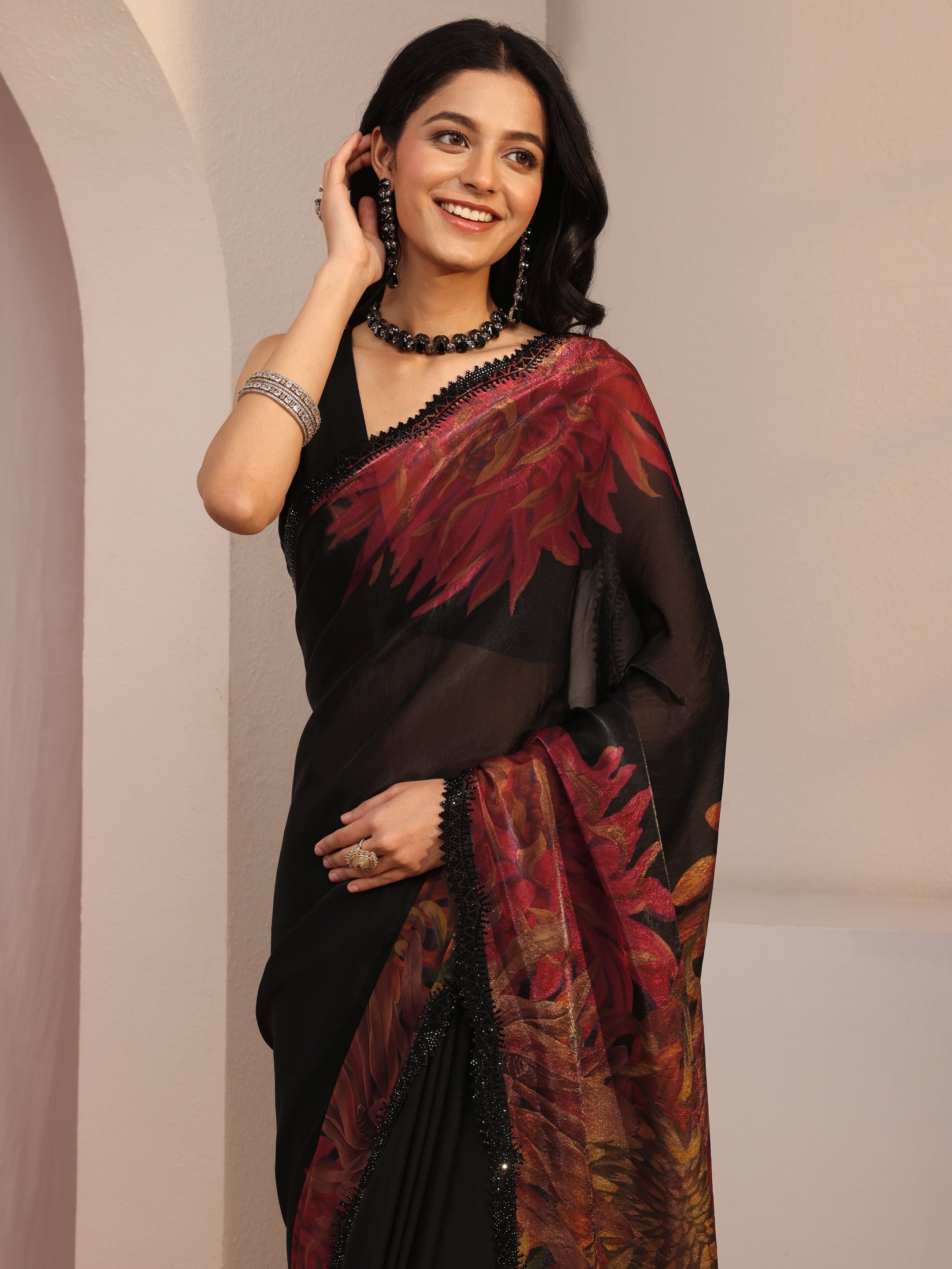 Black Floral Printed Organza Saree With Unstiched Blouse Piece