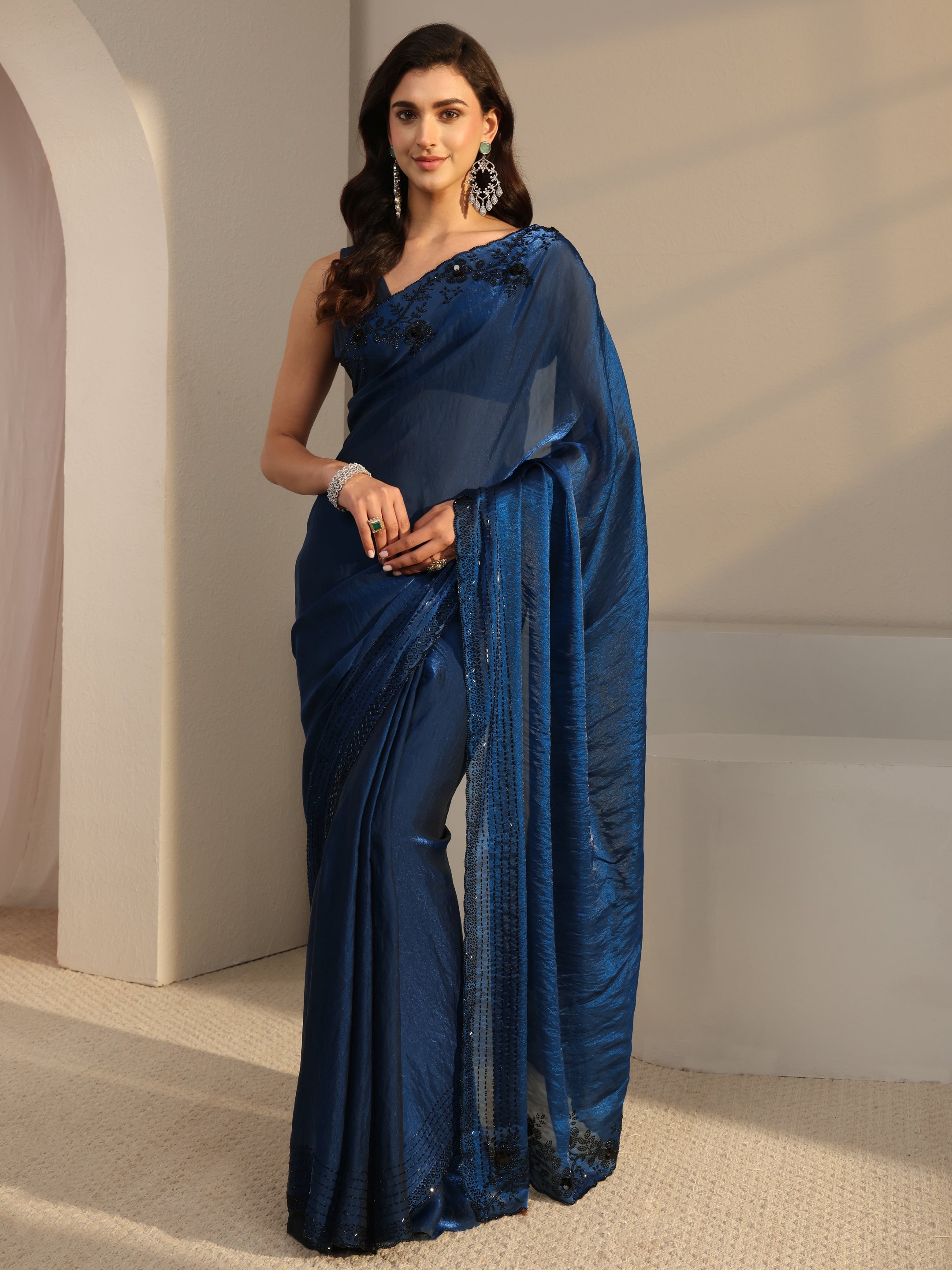 Blue Floral Embellished Tissue Saree With Unstitched Blouse Piece