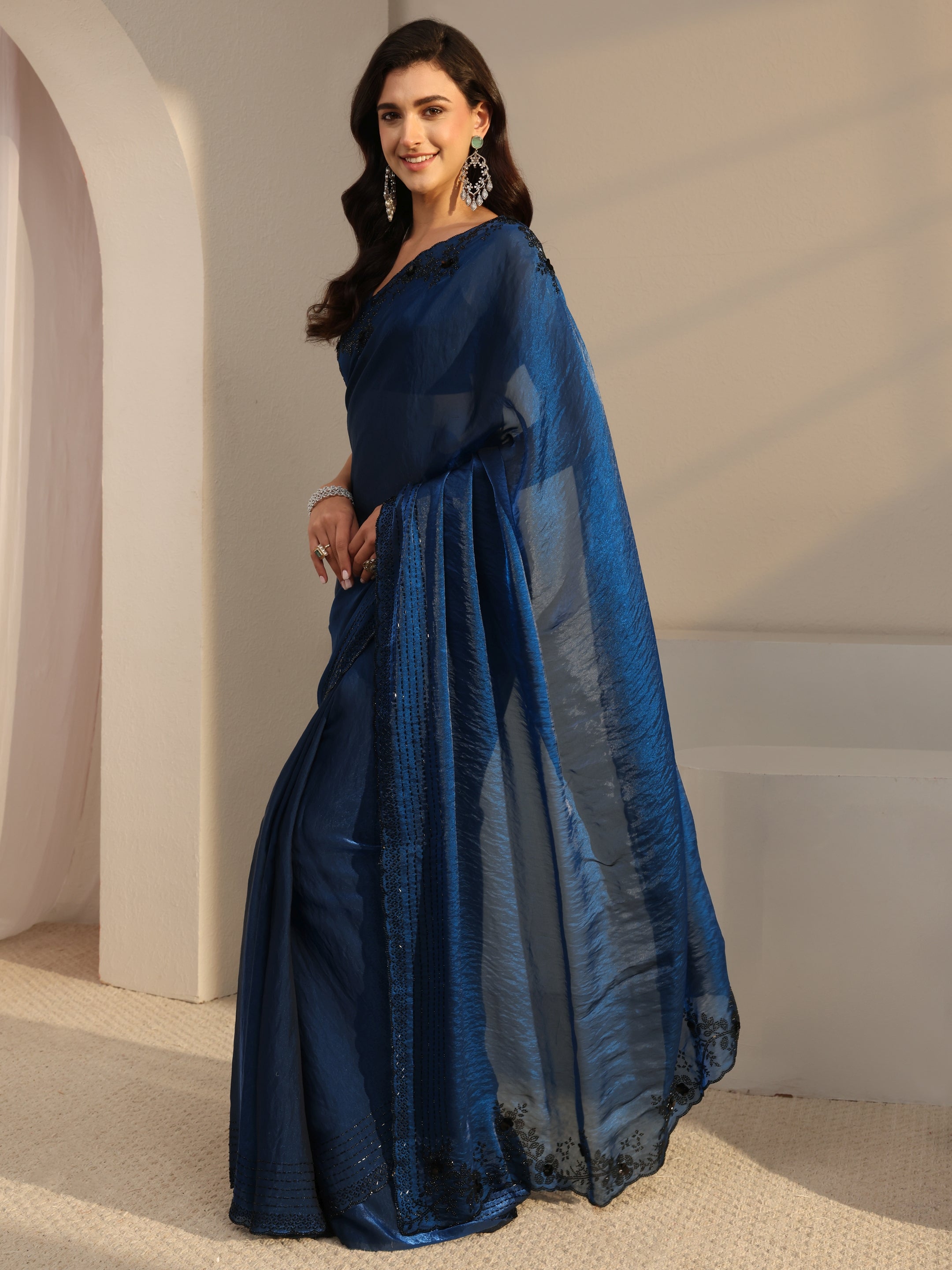 Blue Floral Embellished Tissue Saree With Unstitched Blouse Piece