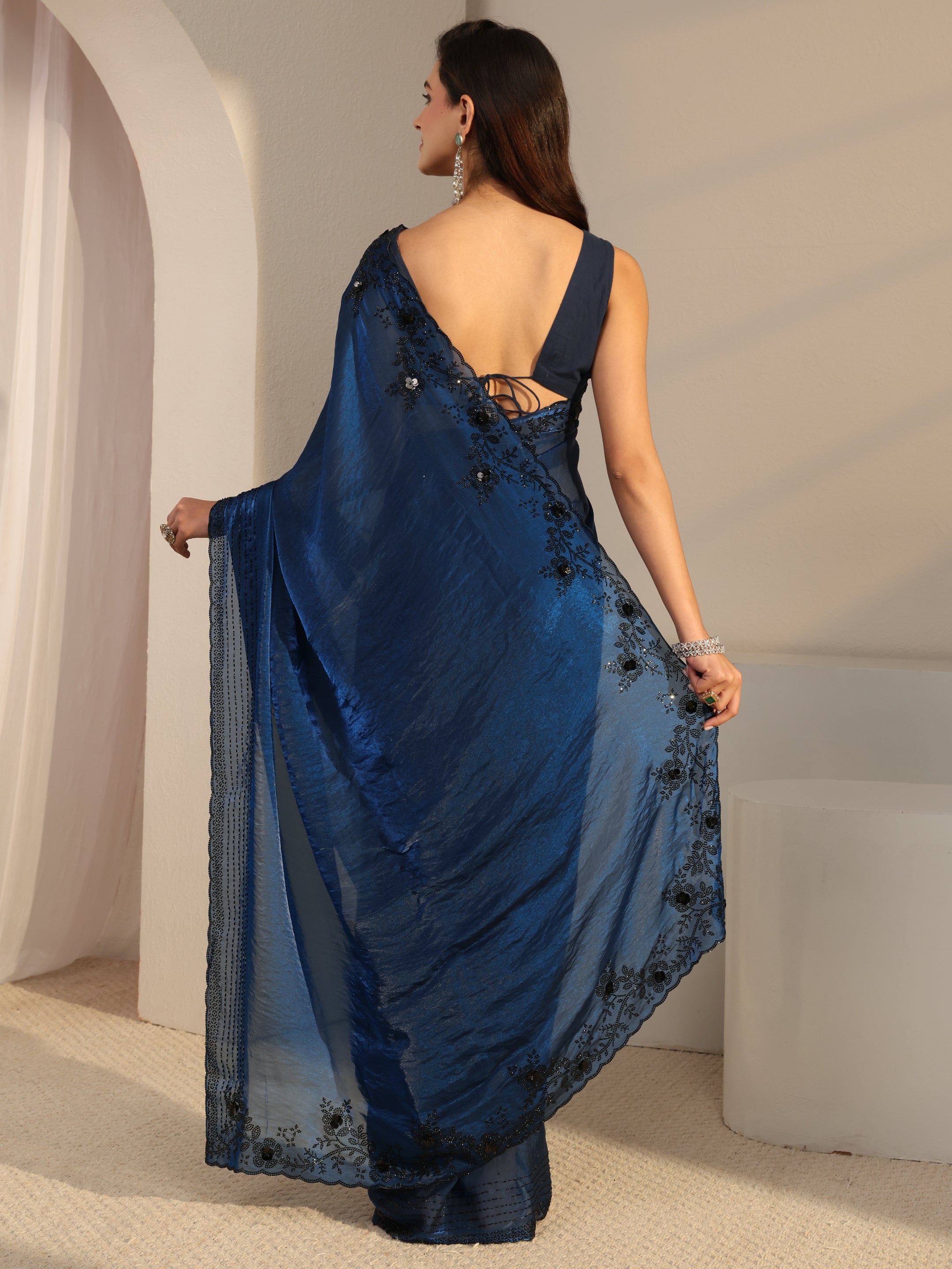 Blue Floral Embellished Tissue Saree With Unstitched Blouse Piece