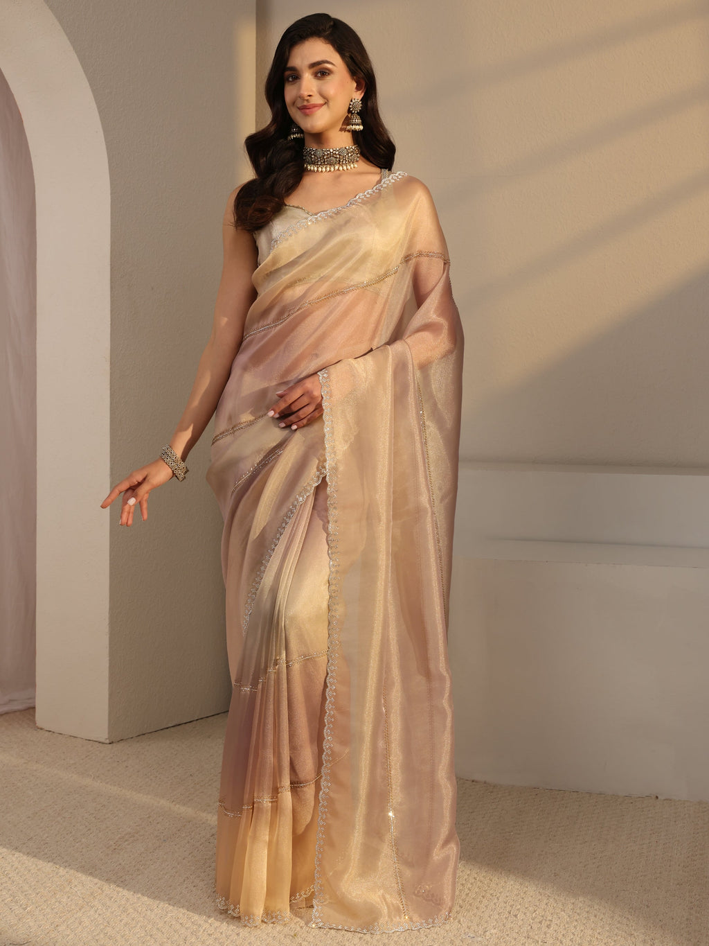 Beige Embellished Tissue Saree  With Unstitched Blouse Piece