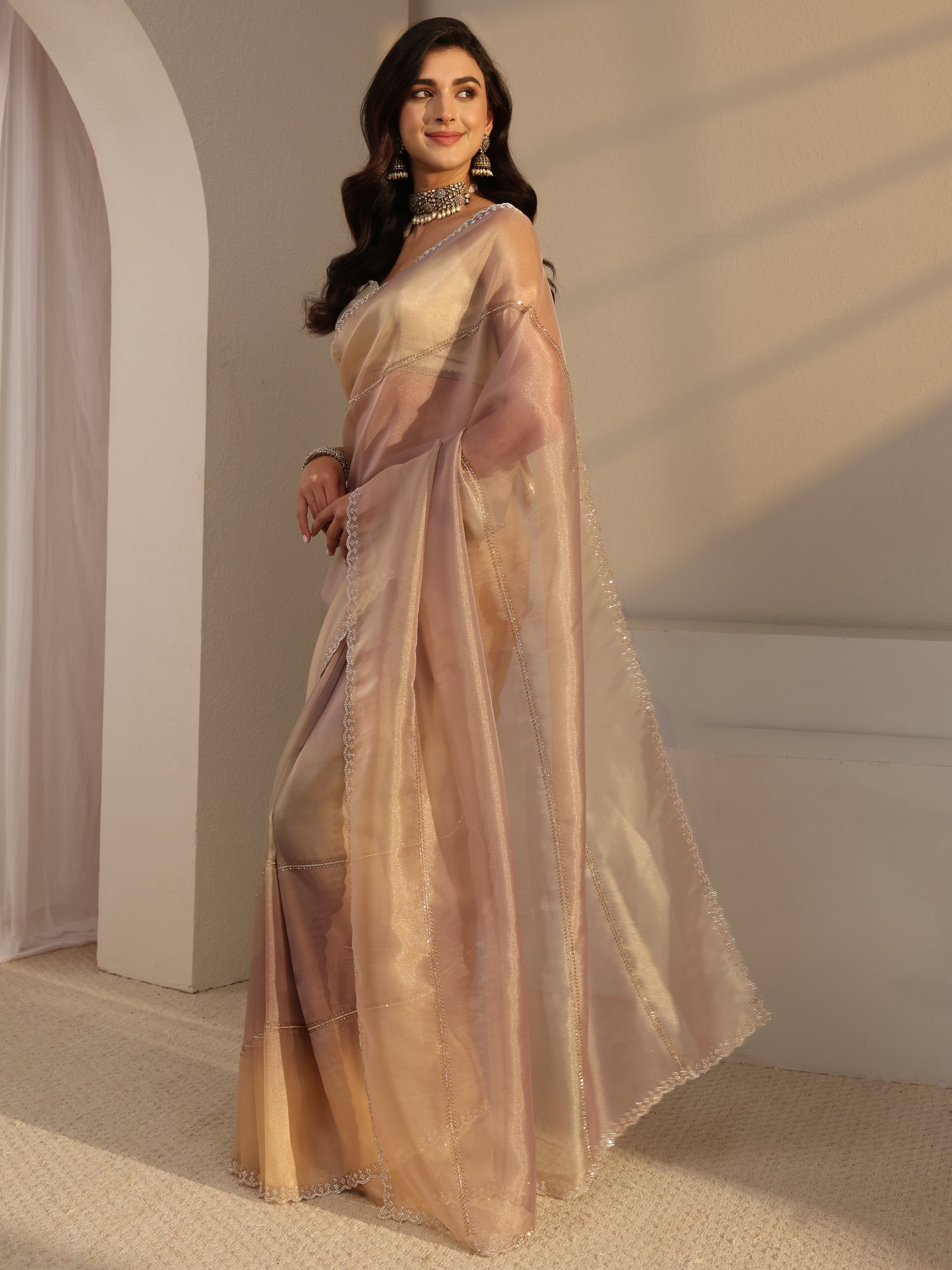 Beige Embellished Tissue Saree  With Unstitched Blouse Piece
