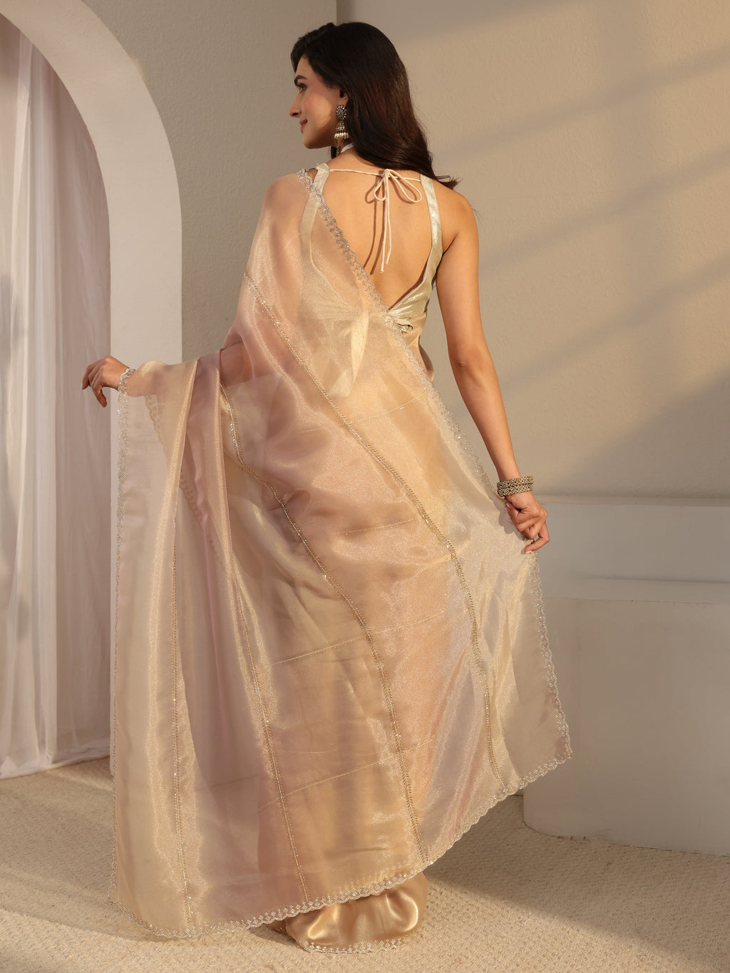 Beige Embellished Tissue Saree  With Unstitched Blouse Piece