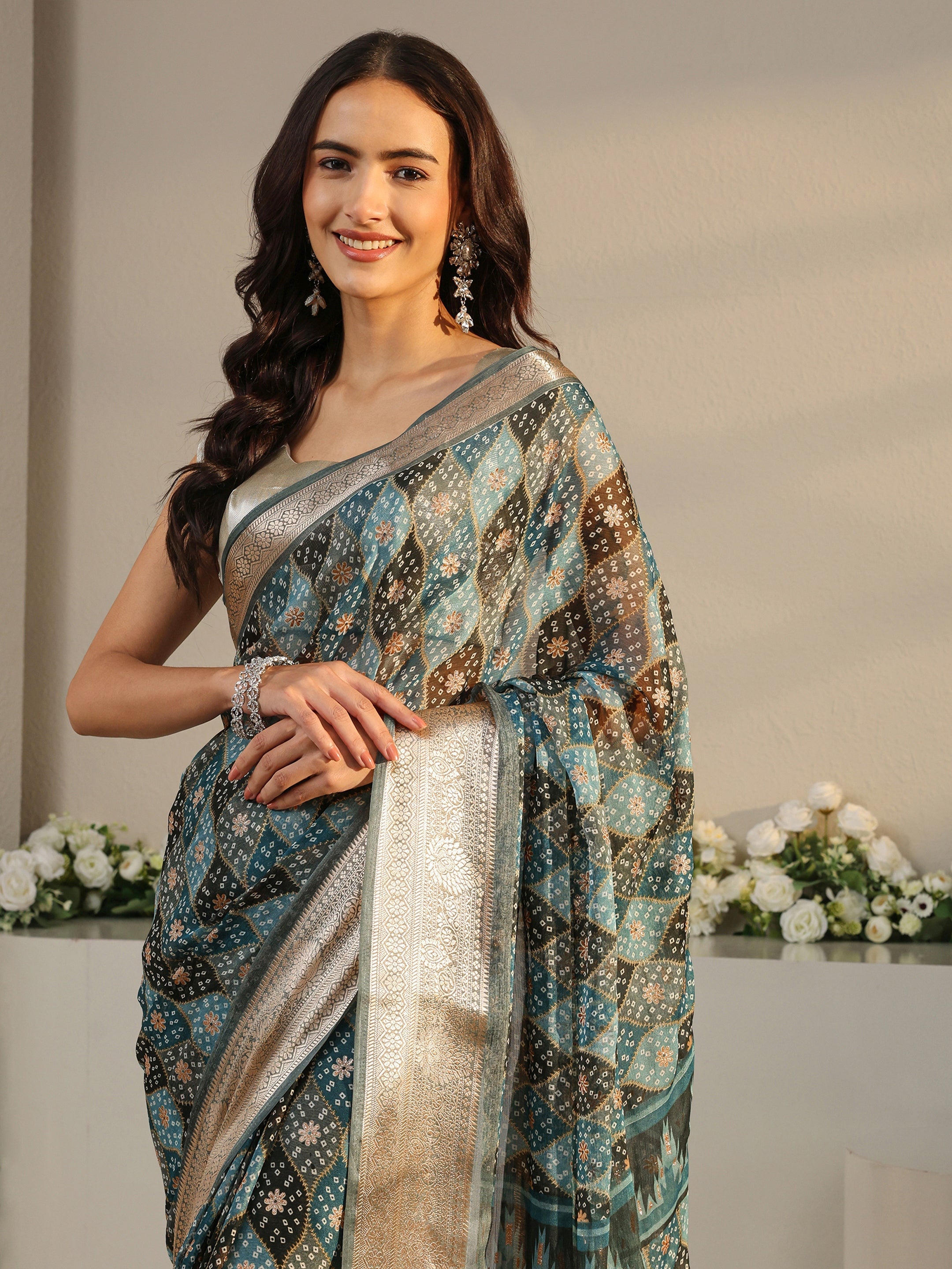 Blue Bandhani Printed Chiffon Saree With Unstitched Blouse Piece