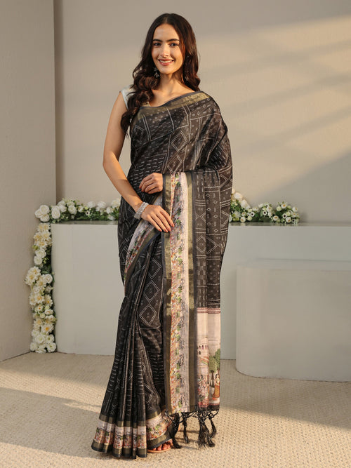 Black Bandhani Printed Silk Blend Saree With Unstitched Blouse Piece