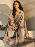 Beige Solid Chiffon Saree With Unstitched Blouse Piece