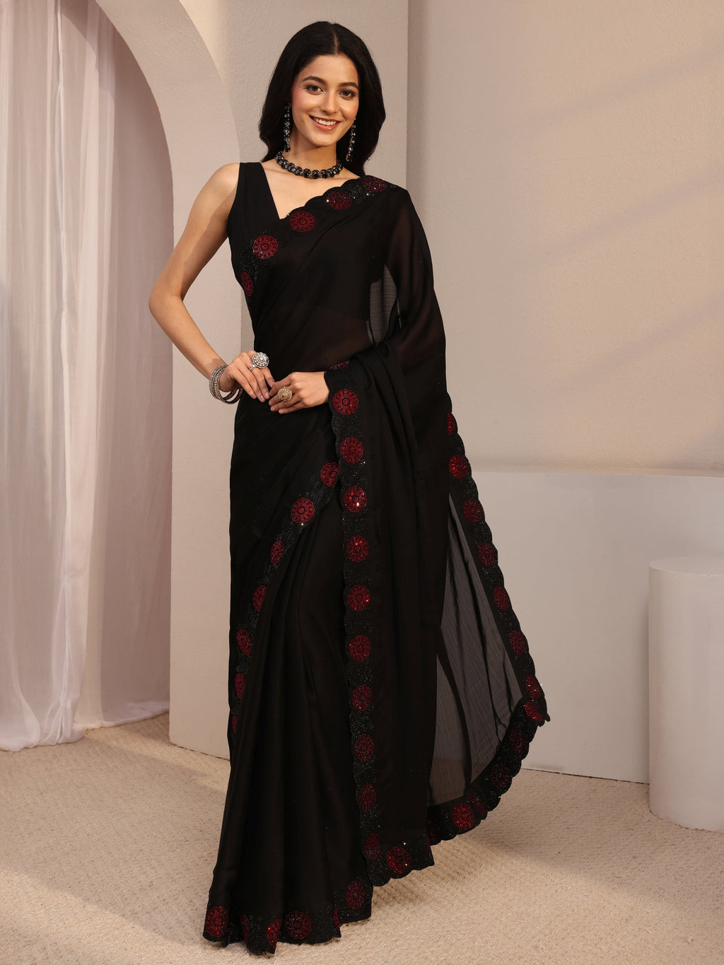 Black Embellished Chiffon Saree With Unstiched Blouse Piece