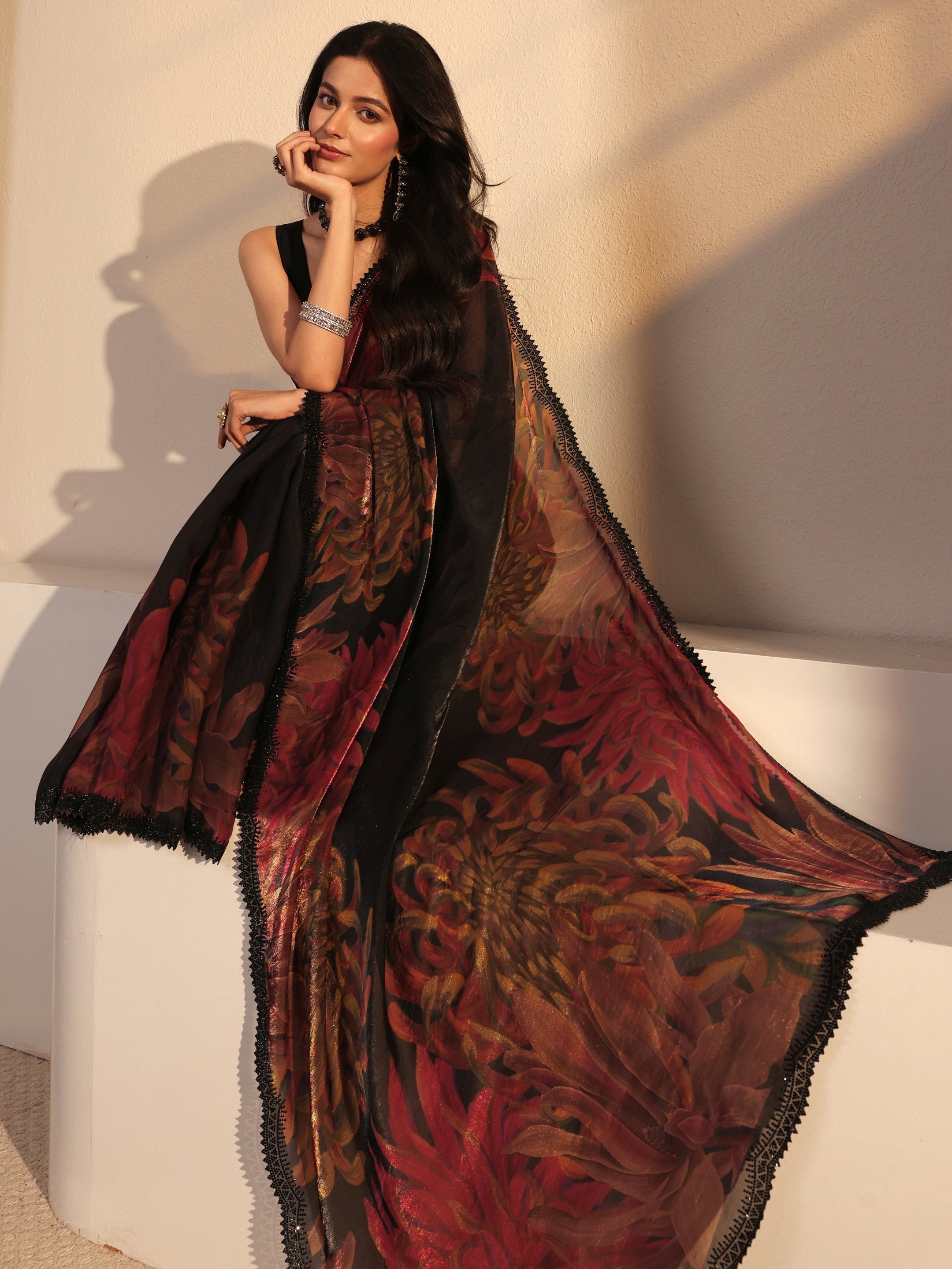 Black Floral Printed Organza Saree With Unstiched Blouse Piece