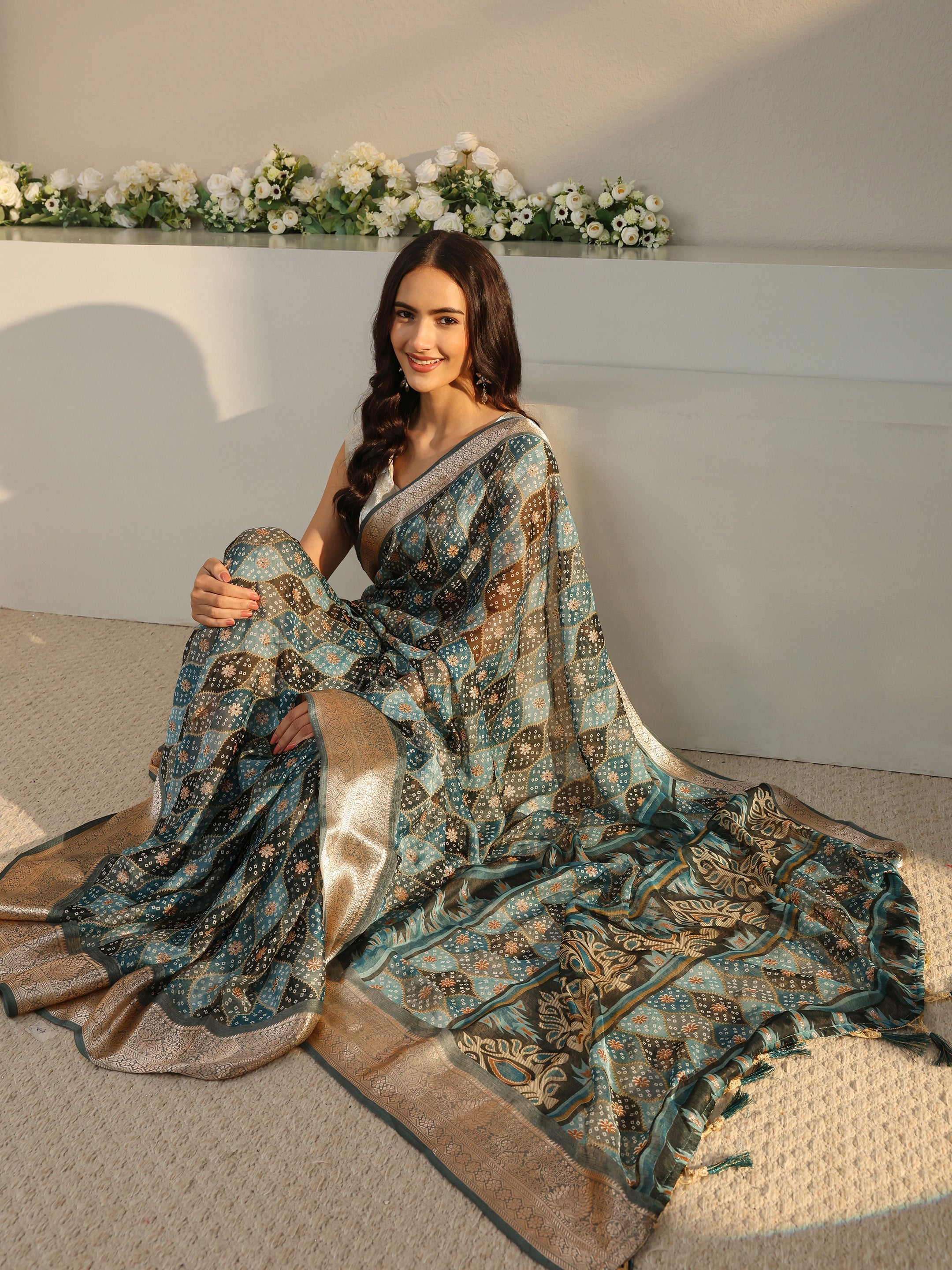 Blue Bandhani Printed Chiffon Saree With Unstitched Blouse Piece
