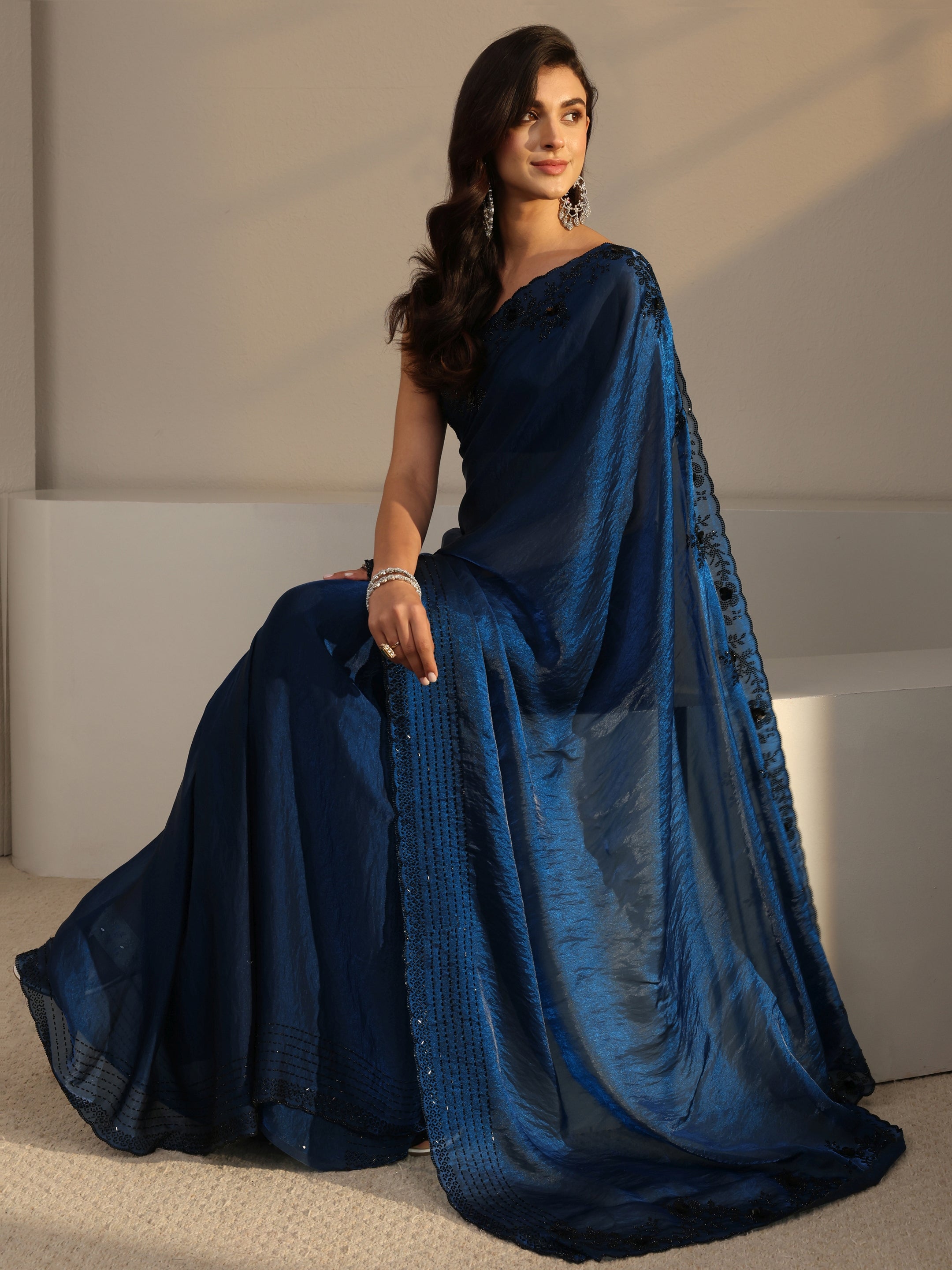 Blue Floral Embellished Tissue Saree With Unstitched Blouse Piece